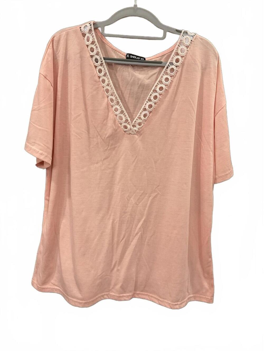 SHEILAY Womens Peach Colored Short Sleeve V Neck Blouse Size 3 XL